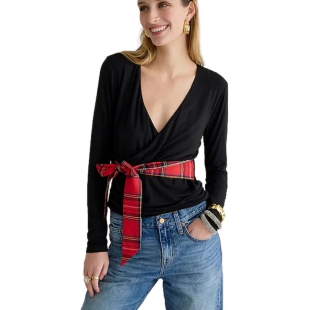 NWT J. Crew Formknit Long Sleeve Wrap Top Black Modal Blend Bow Size XXS